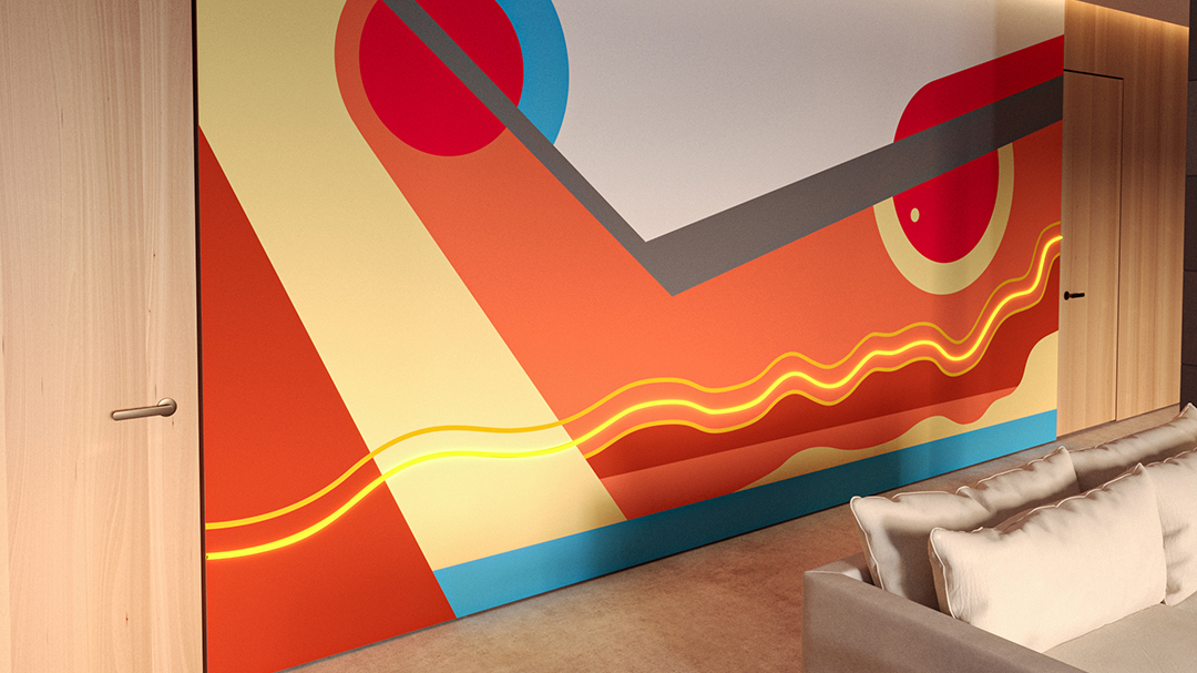 Mural geométrico de planos de color y línea de neón integrado a un muro con carpintería de madera