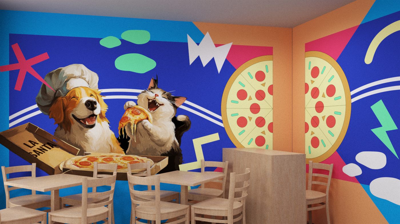Interior de pizzería con mural de un perro chef y un gato compartiendo pizza sobre fondo azul