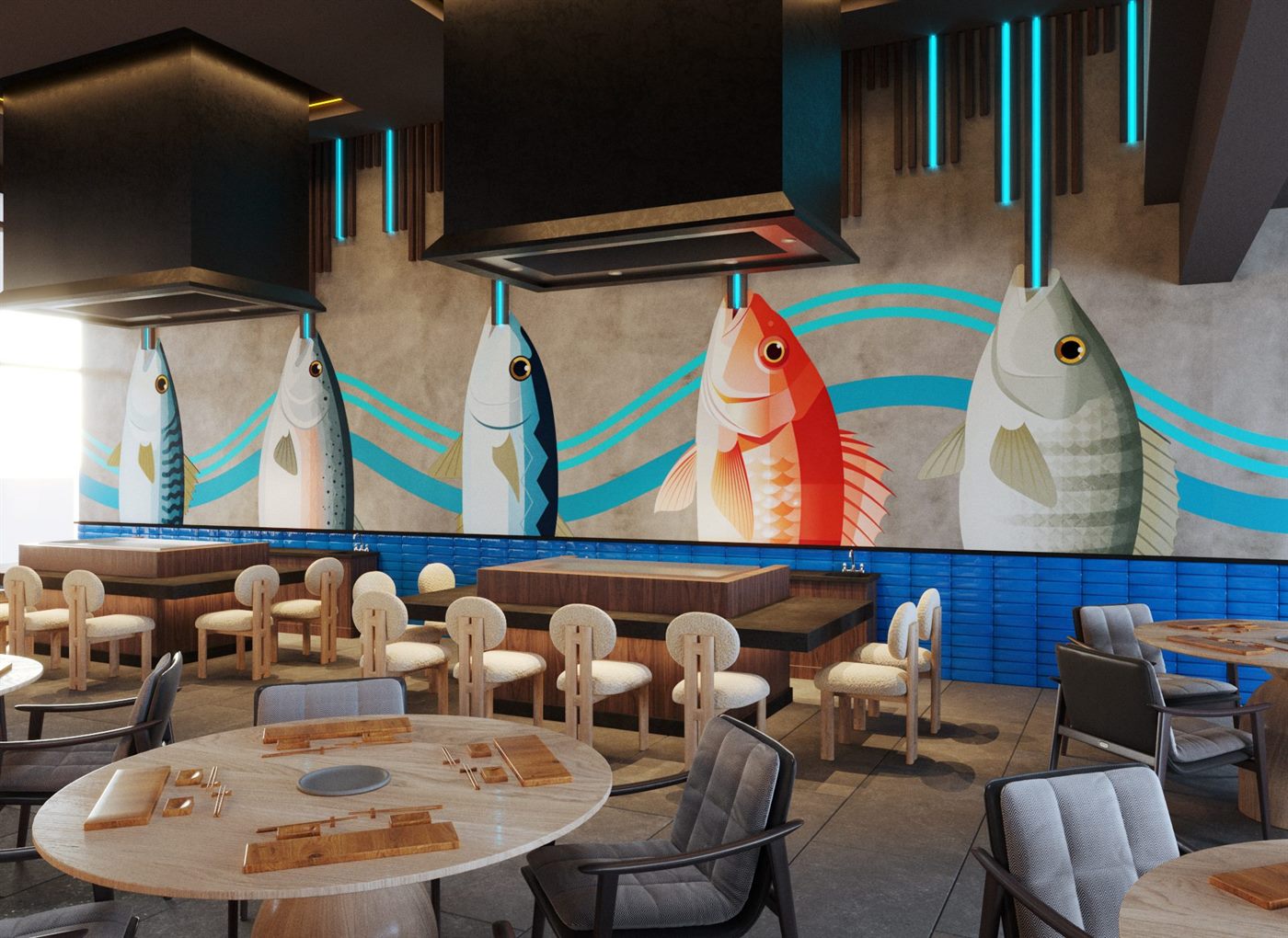 Concepto 3D de restaurante de mariscos asiático: lambrín de madera y LED