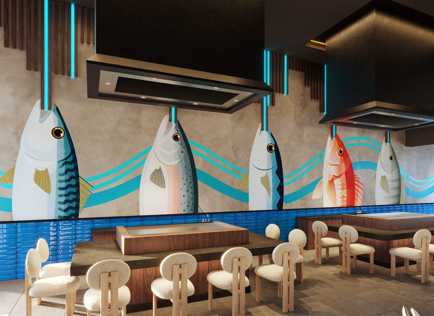 Render de lambrín de madera convertido en cañas de pescar con LED sobre peces a gran escala