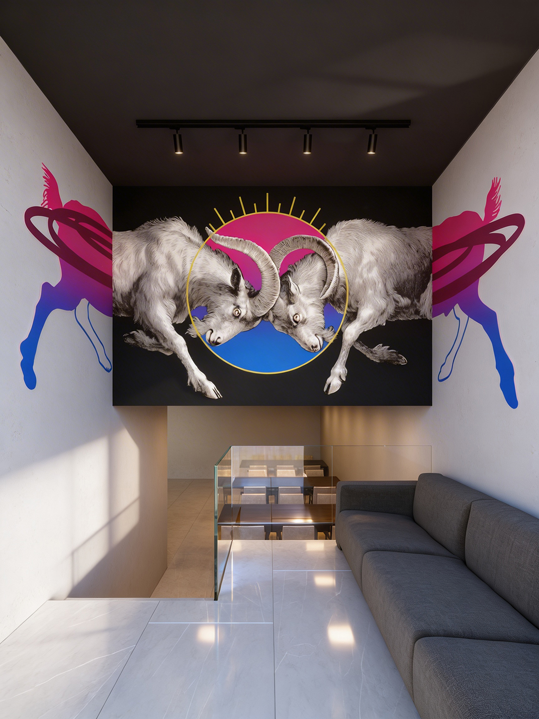 Render de mural con dos cabras que chocan sus cuernos dentro de un círculo de color