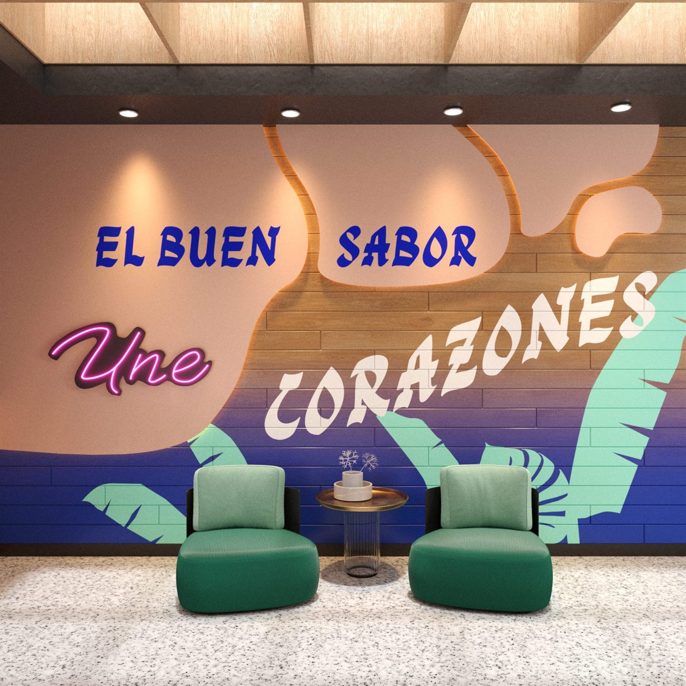 Render de un muro de antesala con pintura, madera vista, neón y línea de luz LED